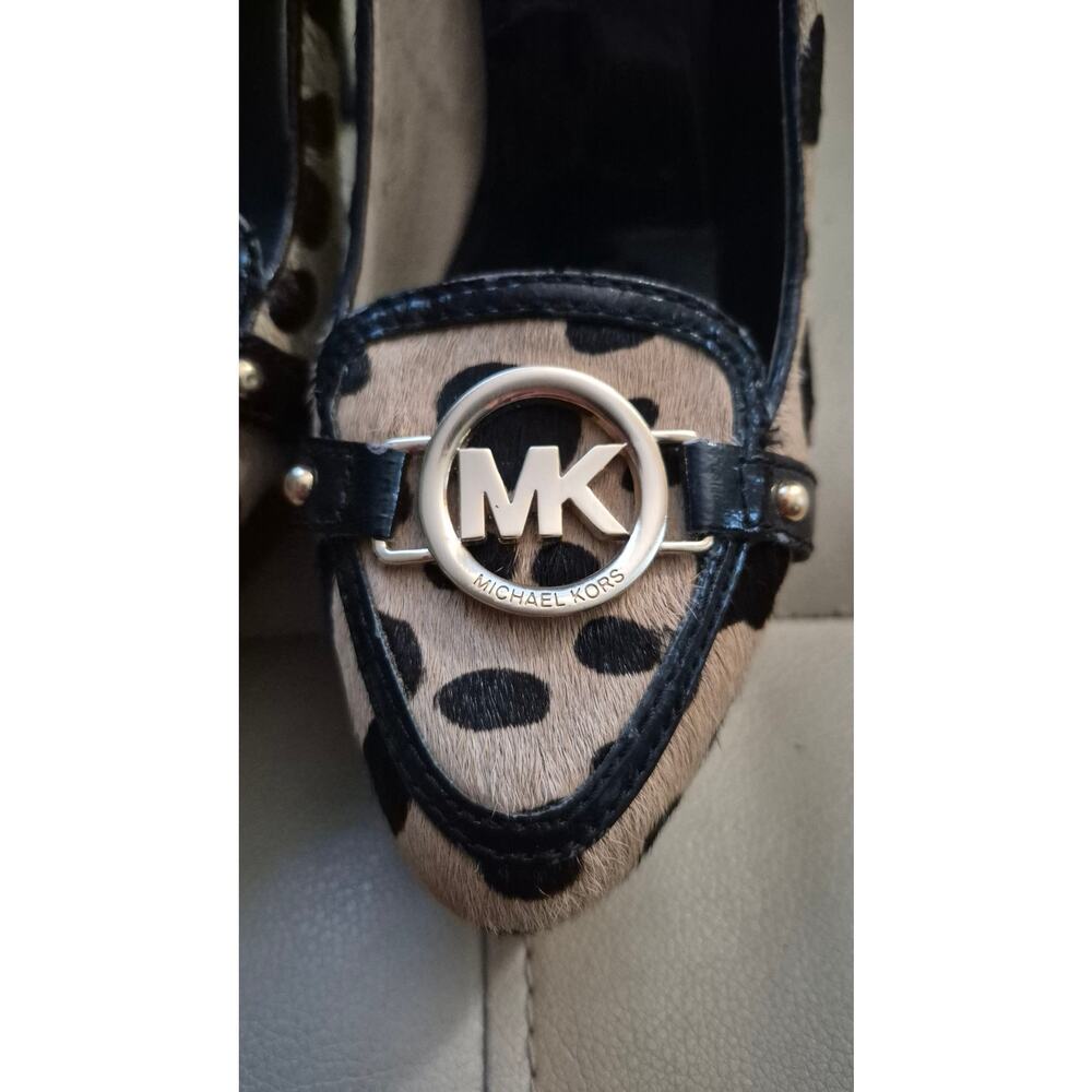 Michael Kors Calf Hair Leopard Platform Heels Gold MK Logo Size 7M Display Flaw - Picture 10 of 11